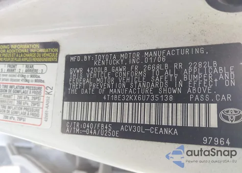 2006 Toyota Camry Le/Se/Std/Xle из США, поврежденный, VIN 4T1BE32KX6U735138